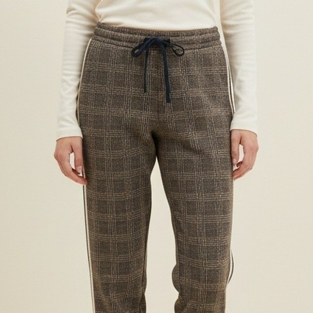 Mystree NWT Plaid Knit Track Pants Womens M Brown Cream Side Stripe Drawstring